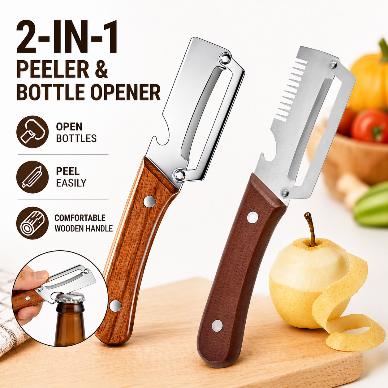 Primalux™ Wooden-Handled Stainless Steel Shredder and Peeler